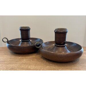 Antique Wood Chamberstick Candle Holder (2) Early American Colonial Wee Willie